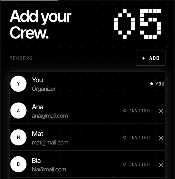 App screen: Add your Crew, with You as organizer and Ana, Mat, Bia and Theo invited