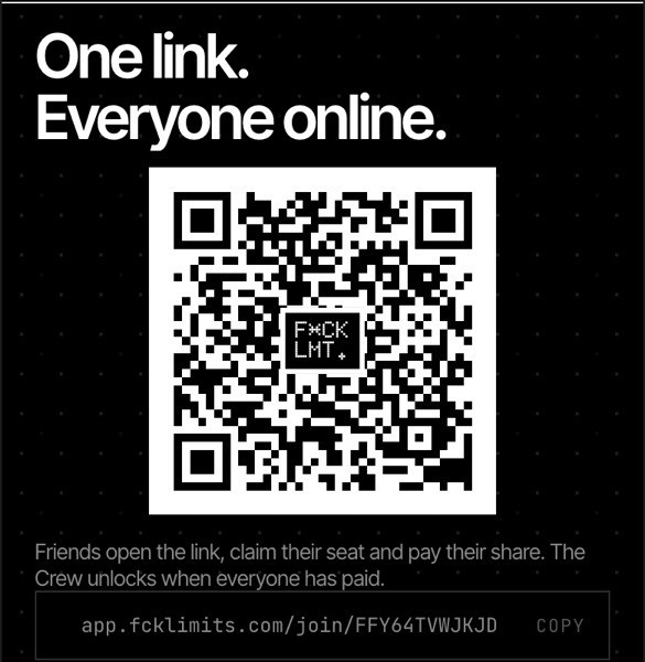 App screen: One link. Everyone online, with a QR code and WhatsApp, Instagram, Copy link and QR code buttons
