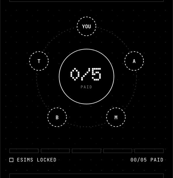 App screen: the Crew orbit, five members around the paid counter, eSIMs locked until everyone pays